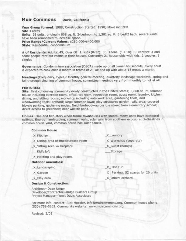Intentional Community: Area cohousing fact sheets and site designs