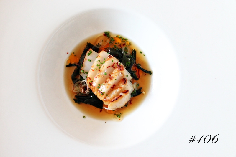 Delicious Tapas Scallop in dashi with wakame and chili oil 106