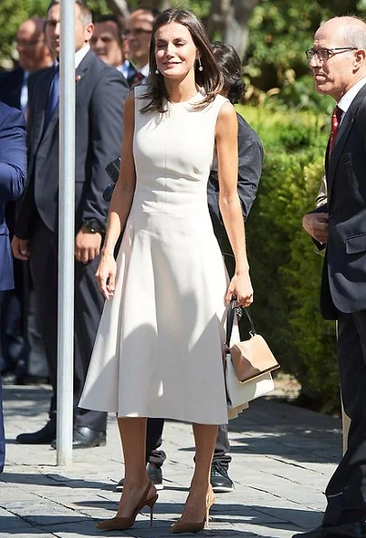 Queen Letizia wore a Pedro del Hierro dress which she had worn before. Her bag and pumps were by Caroline Herrera