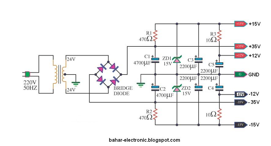 BAHAR ELECTRONIC SKEMA POWER SUPPLY SIMETRIS 12V, 15V
