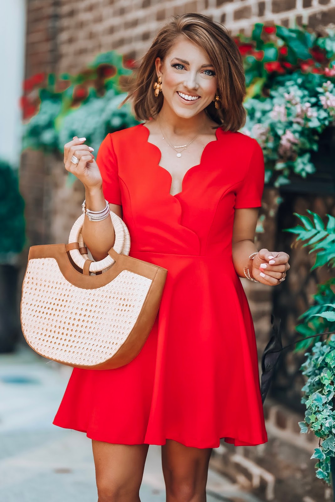Under $60 Scallop Red Dress in Charleston + Target Style Straw Bag - Something Delightful Blog #springstyle