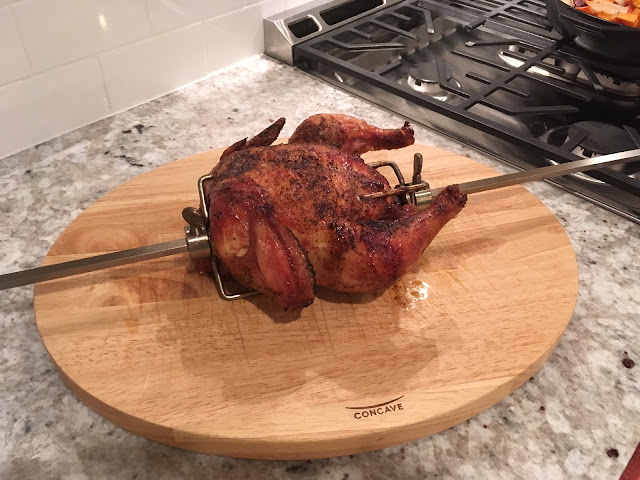 Juiciest rotisserie chicken roasted on a Big Green Egg using the JoeTisserie.  Served with "Beets & Sweets" | The Lowcountry Lady