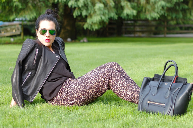 H&M New Icons leather jacket, leopard harem pants, Helmut Lang Lush Voile top, flash frame aviators and a Celine Mini Luggage Tote