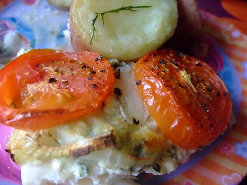 Jaana's kitchen Baked Haddock with Onion,Tomatoes & Dill Potatoes