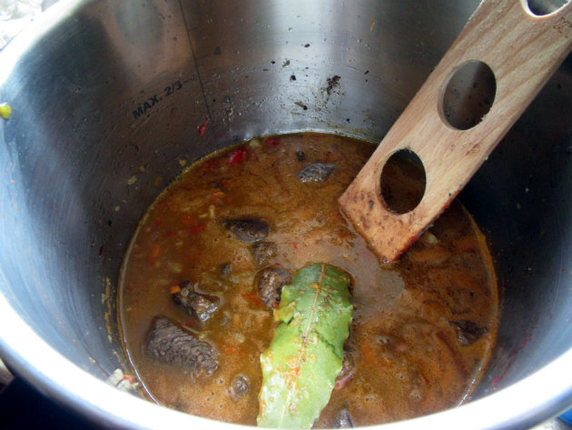 Venison stew by Laka kuharica: Add meat with wine, beef broth, tomato paste and bay leaf