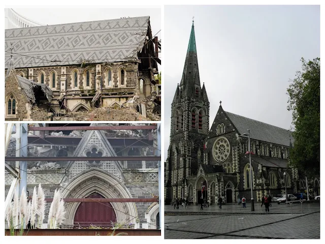 2 Weeks in New Zealand Itinerary for 2nd time visitors: Christchurch Cathedral before and after the earthquakes