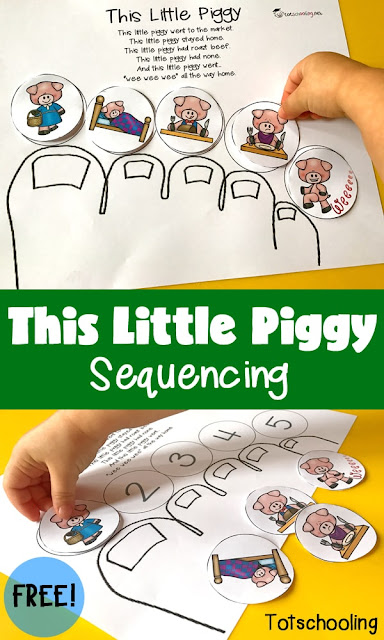 FREE This Little Piggy nursery rhyme sequencing printable activity perfect for toddlers, preschoolers and kindergarten.