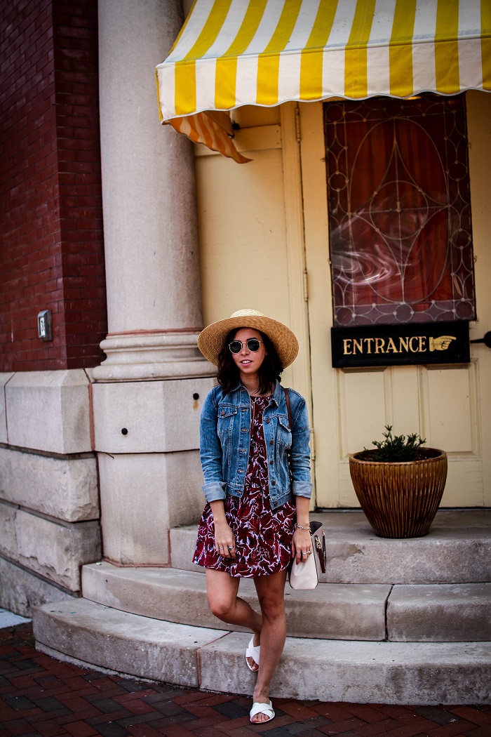 How to Style A Straw Boater Hat | A.Viza Style | jcrew hat - GAP jean jacket - loft shift dress - jcrew slides - rayban round sunglasses - casual summer style