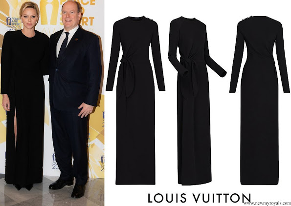 Princess Charlene wore Louis Vuitton long sleeve evening dress