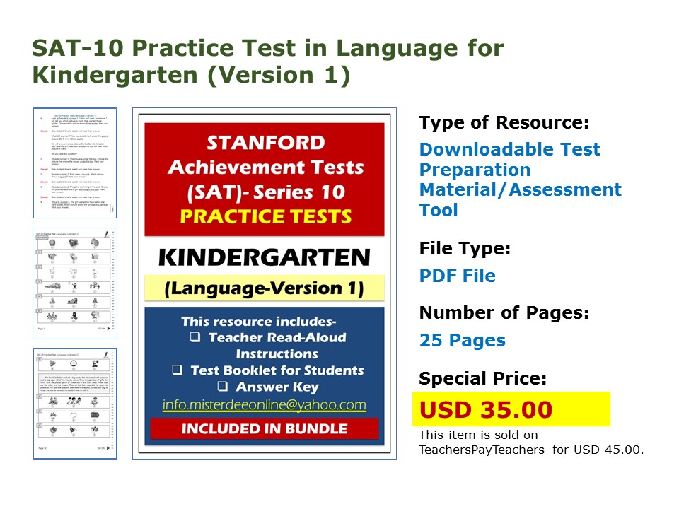 ONLINE SAT-10 Practice Tests for KG, Grade 1, and Grade 2: SAT-10