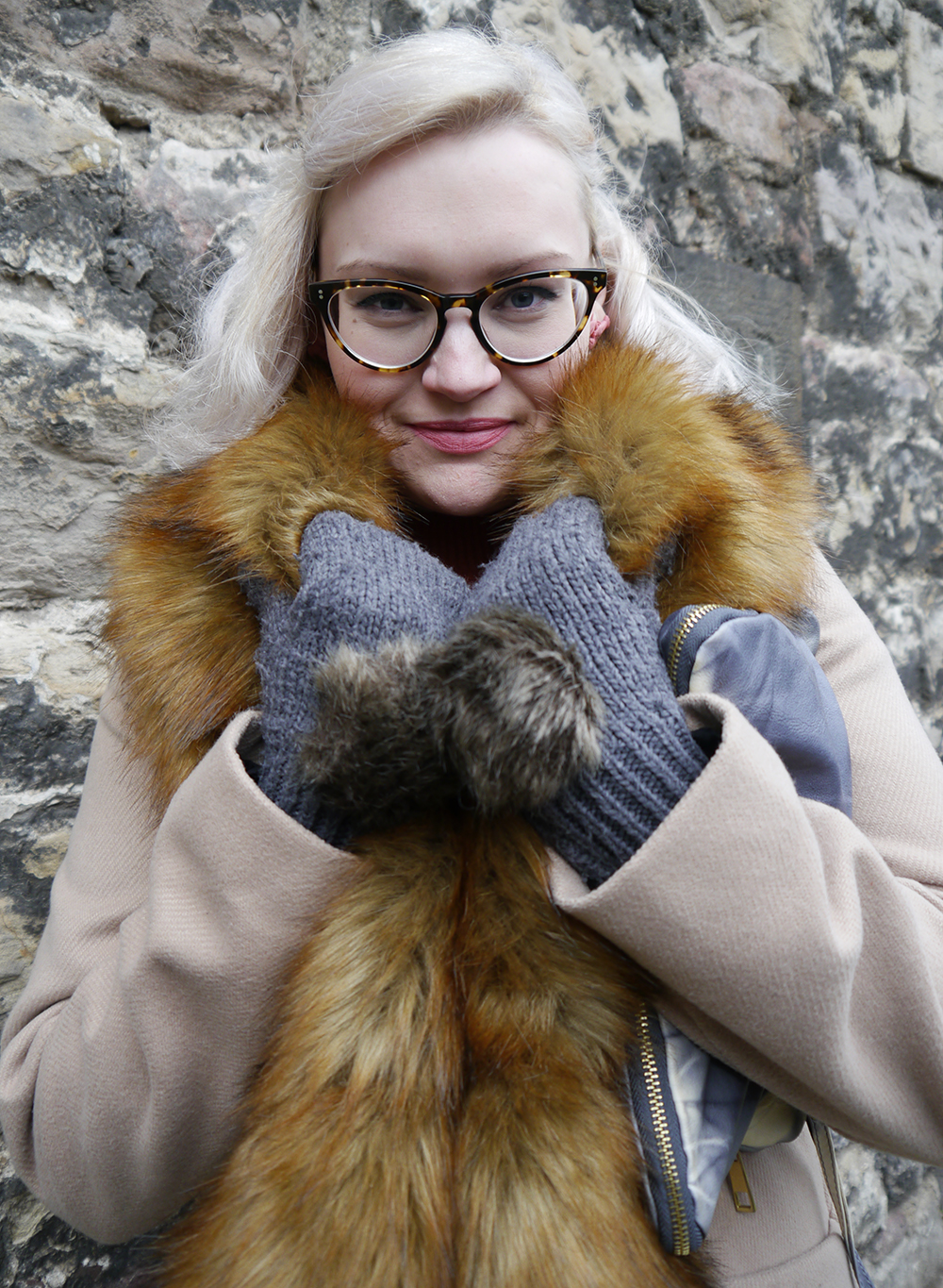 Keep cosy with latest knitwear trend as worn by British fashion blogger Kimberley from Wardrobe Conversations Mittens and fur trend with Scottish style blogger Wardrobe Conversations