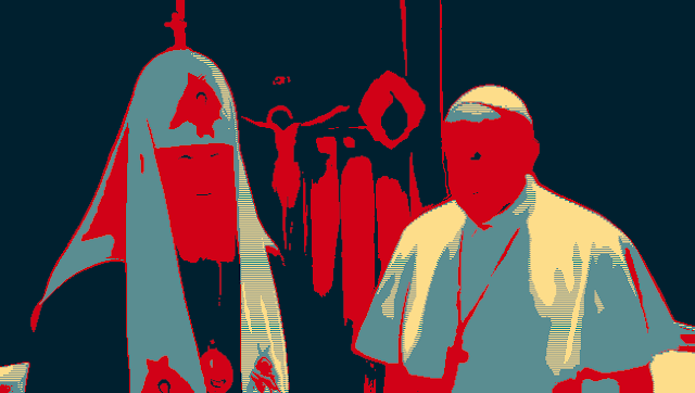 A picture of Patriarch Kirill meeting Pope Francis, in the style of a 2008 Obama 'HOPE' poster