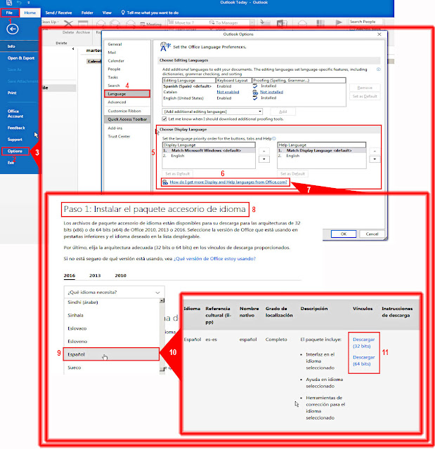 Microsoft Outlook 2013/16: Cambiar idiomas de  ayuda e interfaz de usuario.