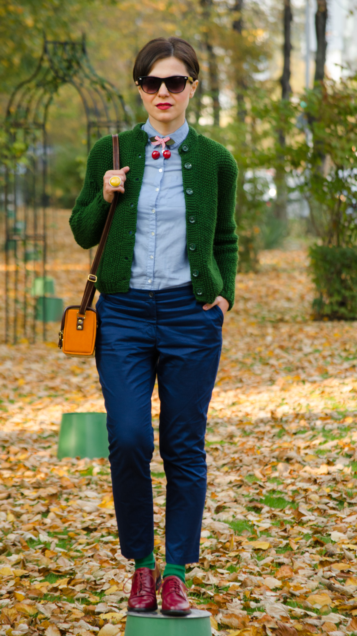 navy blue pants knitted green sweater shirt mustard square bag cherries h&m thrifted  burgundy man shoes oxford autumn scenery yellow leaves