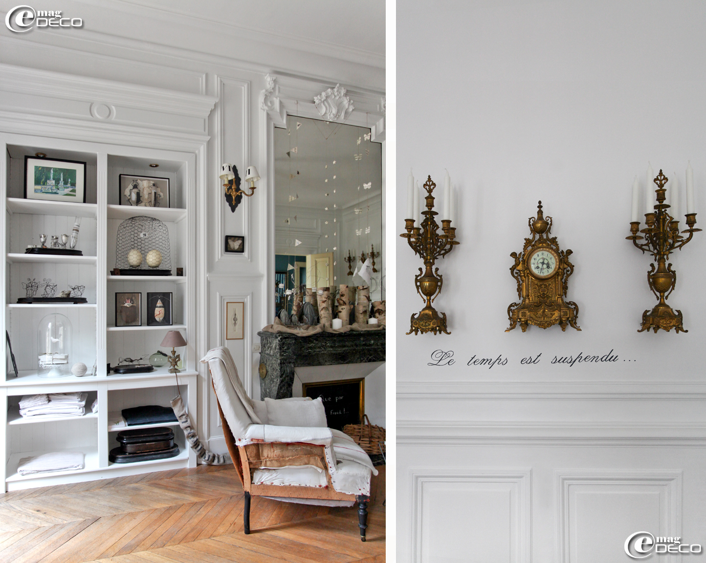 Un placard du salon se transforme en cabinet de curiosités, une horloge et ses chandeliers s'accrochent sur un mur