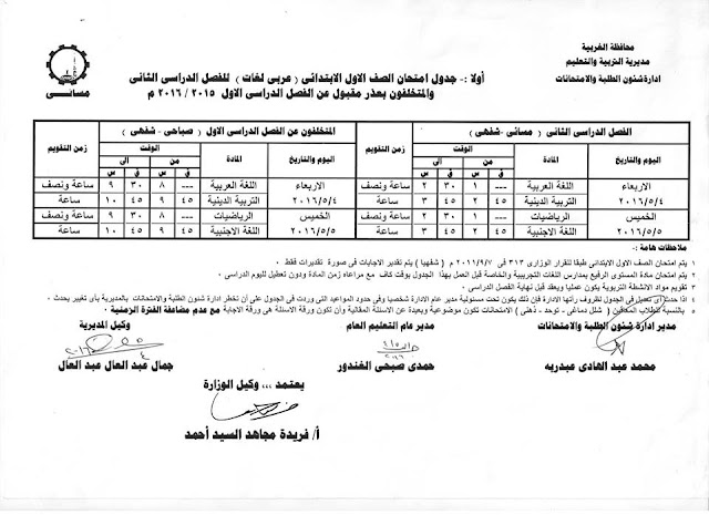 جداول امتحانات الترم الثاني محافظة الغربية للعام الدراسي 2015 - 2016 12924368_1314549575227034_8624125629119804555_n