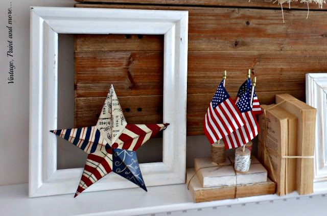 Vintage, Paint and more... a vintage patriotic mantel with old books, distressed frame, small flags and wooden spools