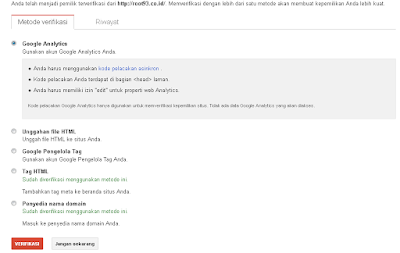 memilih Google Analytics untuk verifikasi