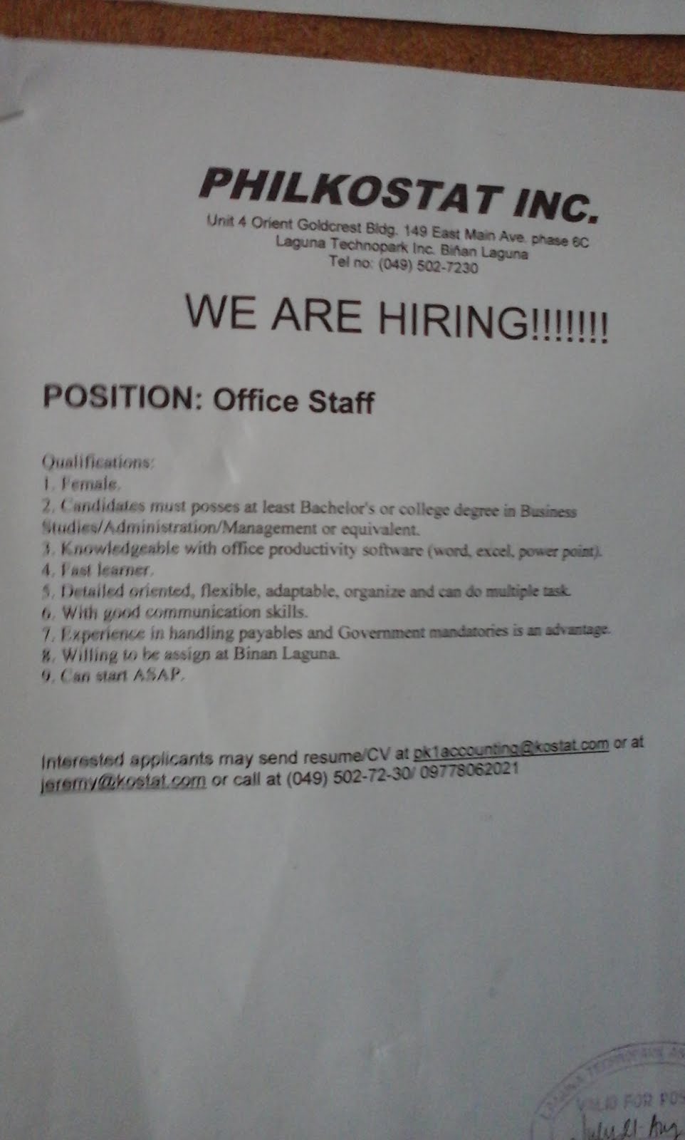 fast learners guide philkostat inc job hiring office staff laguna