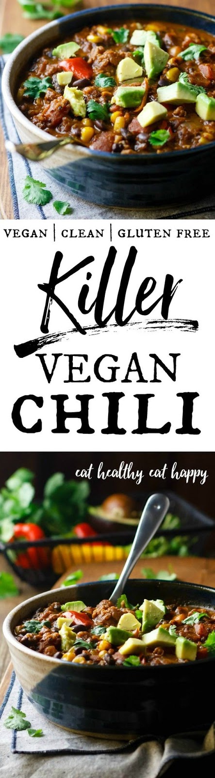 Killer Vegan Chili - hold on to your soup spoons, 'cause this is some killer chili. It's hearty, spicy and packed with slow-cooked flavor! A great source of fiber, vitamins, nutrients and vegan protein. Killer Vegan Chili - hold on to your soup spoons, 'cause this is some killer chili. It's hearty, spicy and packed with slow-cooked flavor! A great source of fiber, vitamins, nutrients and vegan protein.