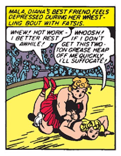 Wonder Woman (1942) #1 Page 12 Panel 2: Mala, Wonder Woman's best friend on Paradise Island, wrestles with "Fatsis," mocking her about her weight calling her a "two-ton grease heap."