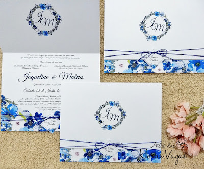 convite de casamento artesanal personalizado floral aquerelado boho chic azul branco convite simples delicado barato promocional lindo sofisticado