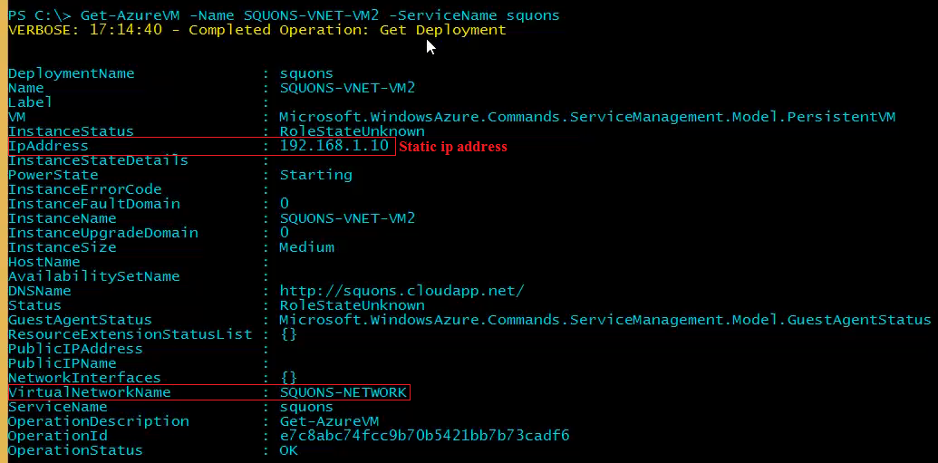 SQUONS Assigning Static ip address to VM through PowerShell in Azure
