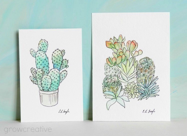 Cactus and Succulents Illustration, Original Watercolor Painting by Elise Engh