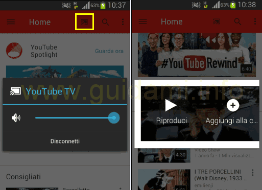 App YouTube mobile trasmettere video a TV