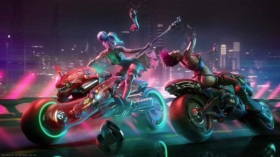 Cyberpunk, Girls, Motorcycle, Race, Battle, 4K, #4.1064