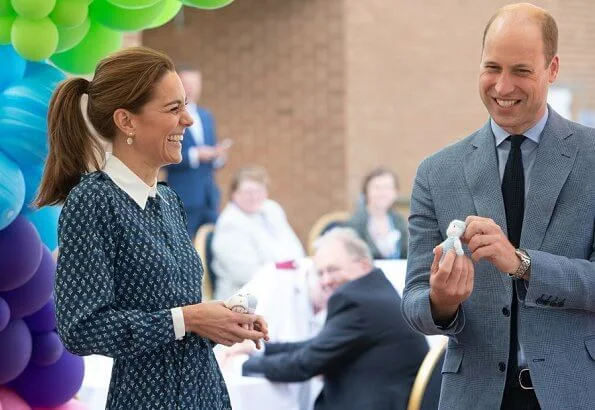 Kate Middleton wore a new floral print shirt dress by Beulah London. Crown Princess wore the same dress. Patrick Mavros quartz earrings