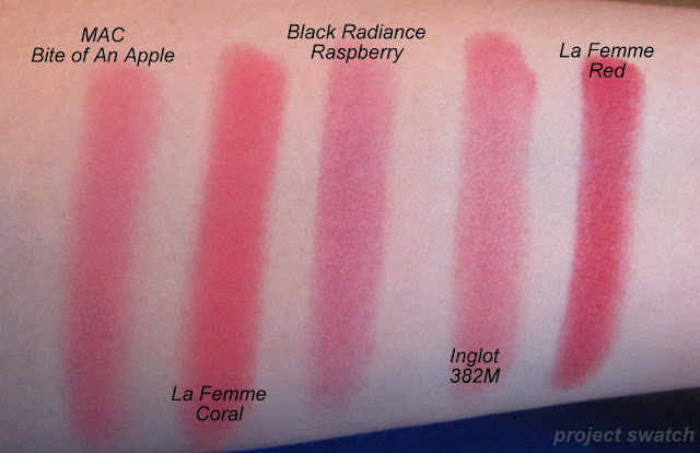 Red Blush Swatches - MAC Bite of an Apple, La Femme Coral, Black Radiance Raspberry, Inglot 382M, La Femme Red