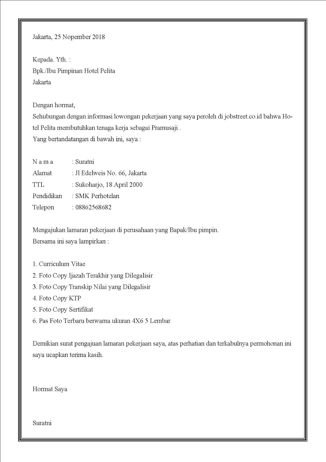 Contoh Surat Lamaran Untuk Training Di Hotel Contoh Surat Lamaran Untuk Training Di Hotel