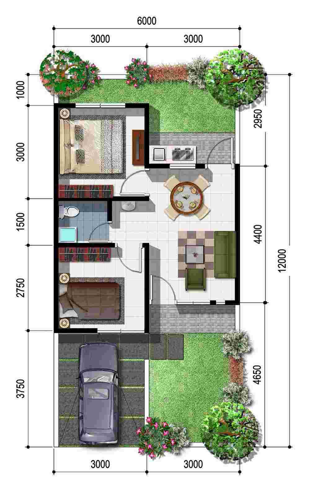 Denah Desain Rumah Memanjang Ke Belakang 1 Lantai dengan Garasi dan Taman Minimalis