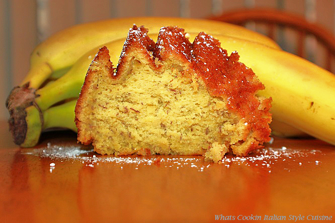 This is a slice of cake made from a cake mix with fresh bananas to taste like a scratch cake.