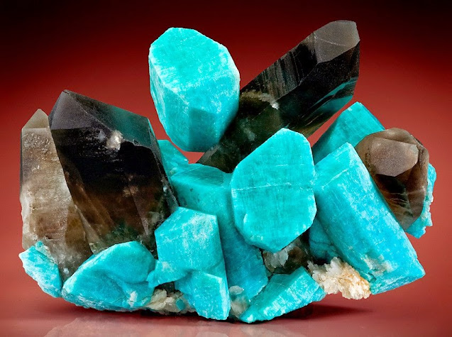 Amazonite crystals with Smoky Quartz and Albite