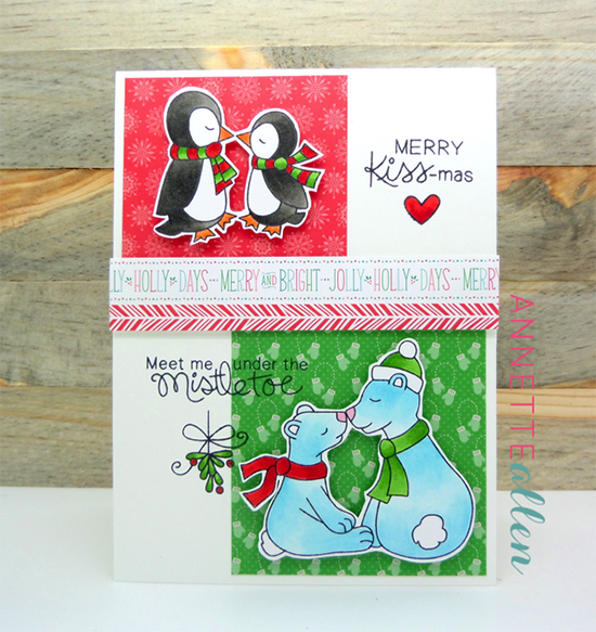 Mistletoe kissing Animal Christmas Card by Annette Allen | Holiday Smooches Stamp set by Newton's Nook Designs #newtonsnook