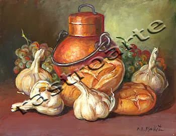Bodegón con marmita de cobre, ajos, panes y uvas