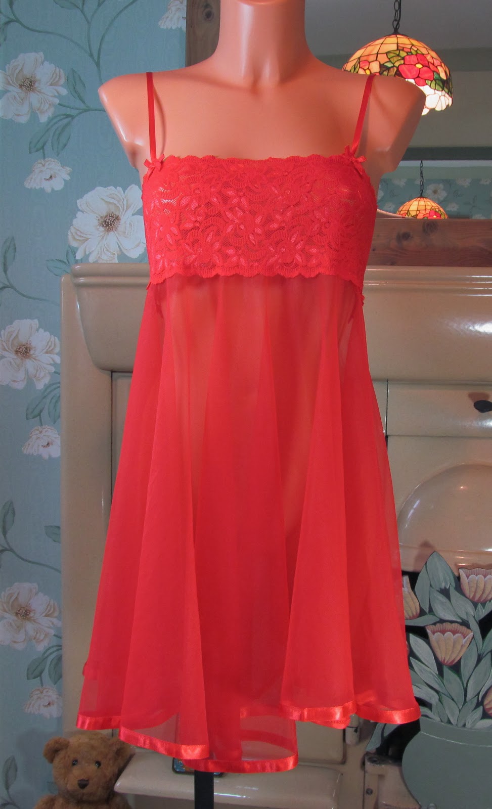 VINTAGE RED STRETCH LACE TOP CHIFFON BABYDOLL FULL SLIP NIGHTIE GOWN L R11127 Sangriasuzie's