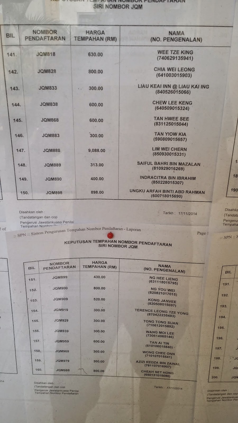 JPJ NO PLATE TENDER RESULT JOHOR JQM TENDER RESULT JPJ JOHOR