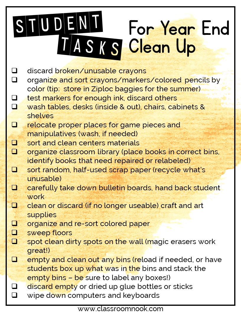 End of Year CleanUp Tasks for Students The Classroom Nook