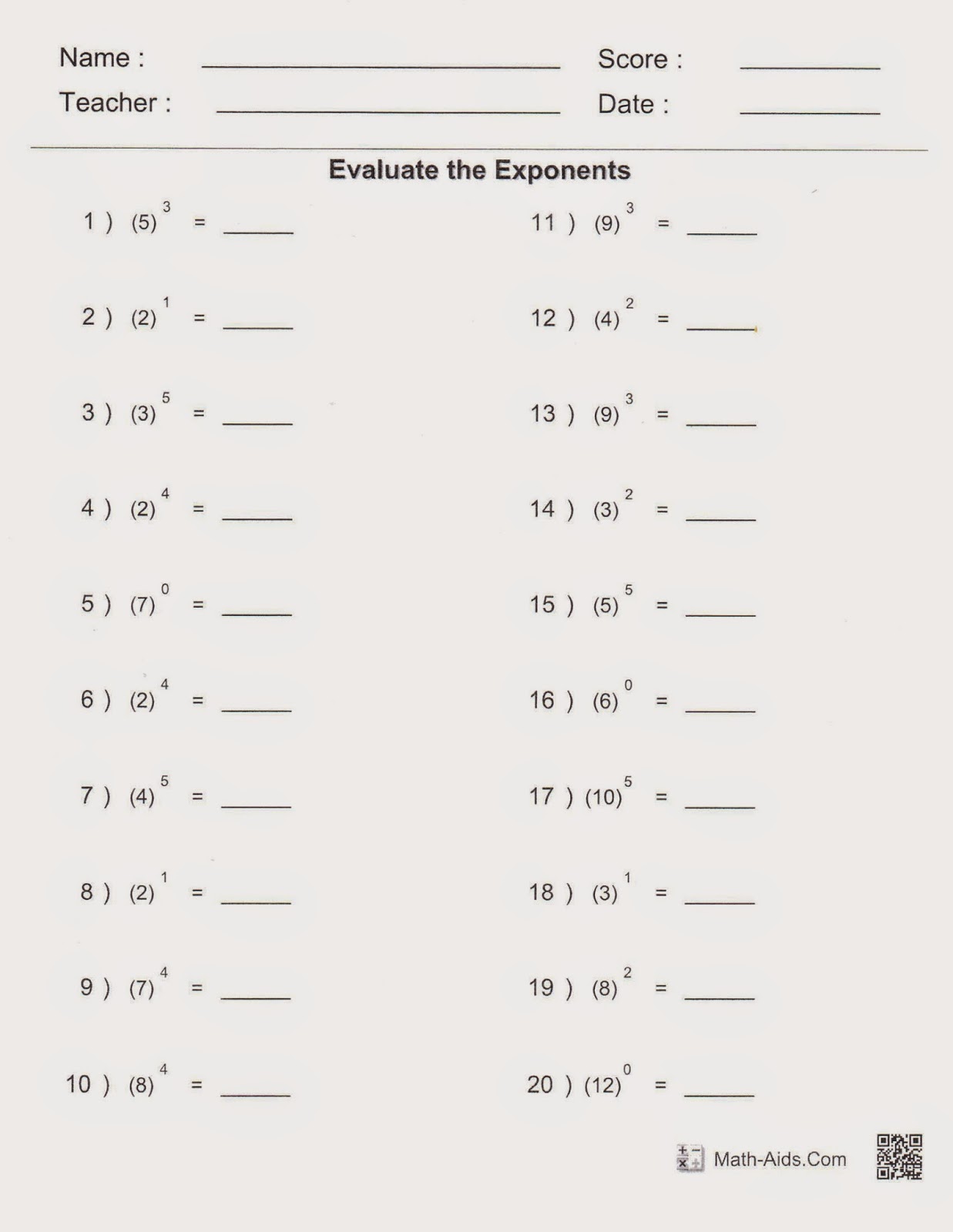 Exponent Coloring Worksheet 6th Grade