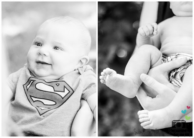 black and white of smiling baby and his feet