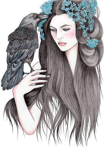 "Crow" by Andrea Hrnjak | dibujos bonitos a lapiz | imagenes lindas | illustration art | cuervos y flores