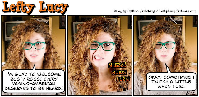 lefty lucy, liberal, progressive, political, humor, cartoon, stilton jarlsberg, conservative, clueless, young, red hair, green glasses, cute, democrat, busty ross, vagino-american, twitch