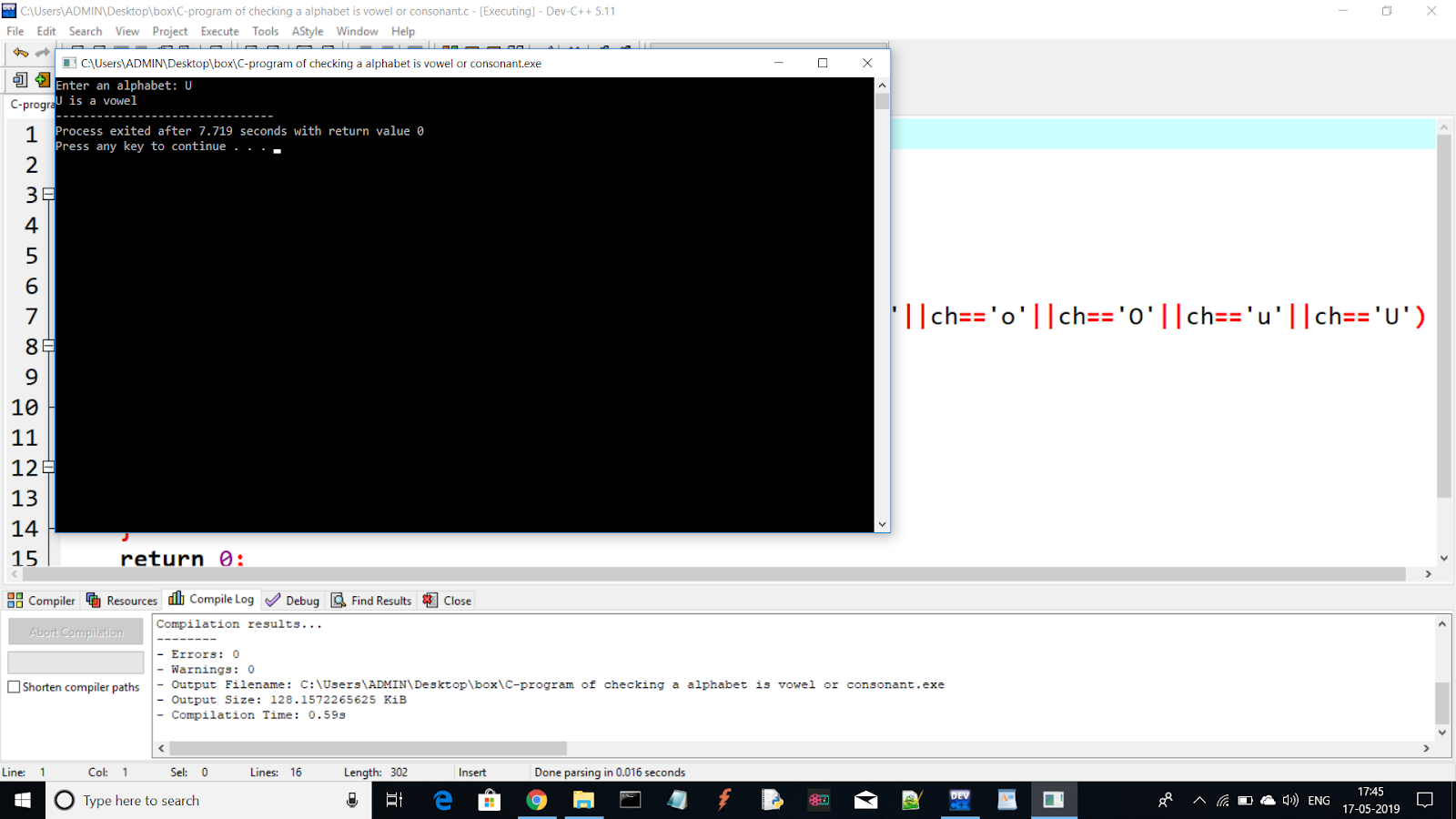 C-program of checking a alphabet is vowel or consonant