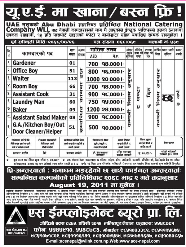 Manpower Demand UAE, Abu Dhabi, National Catering Company WLL