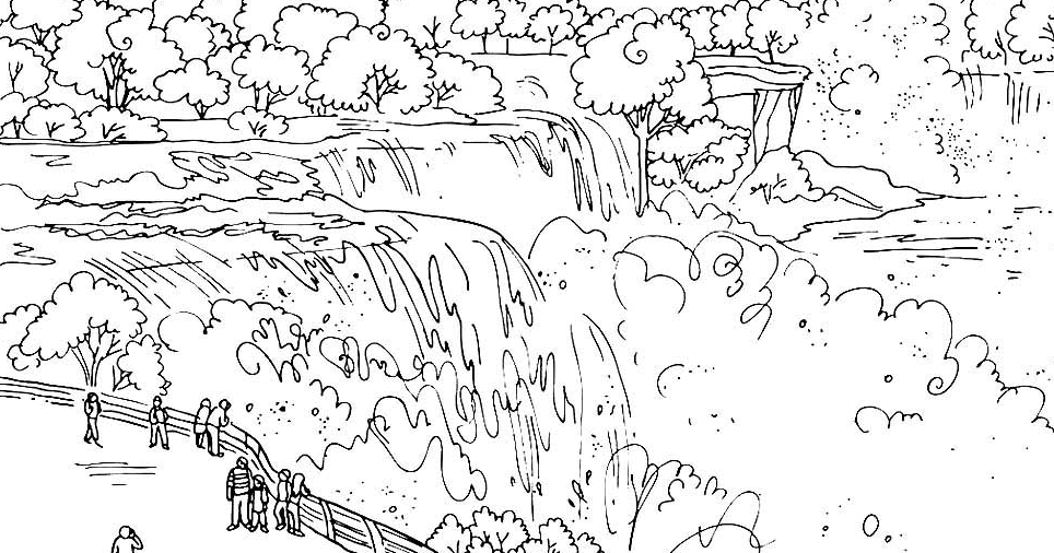 contoh gambar mewarnai pemandangan air terjun dengan rumah kecil