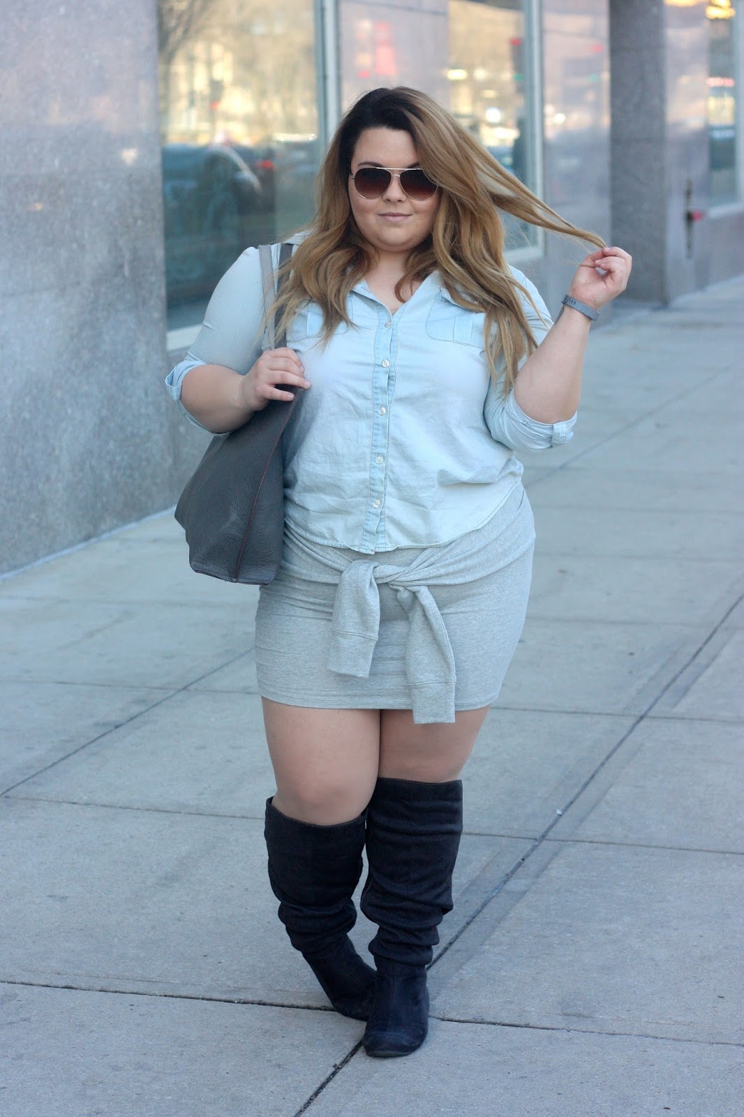 natalie in the city, natalie craig, chicago, ps fashion, plus size fashion blogger, how to wear a tie waist skirt, curvy, fatshion, charlotte russe plus, denim button up, knee high wide calf suede boots, bottle blonde