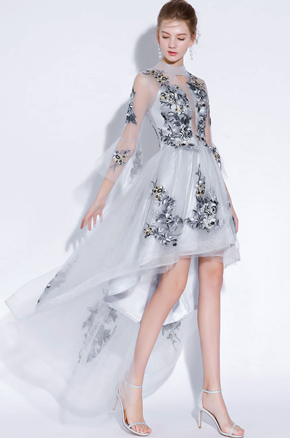 Sexy Grey High Neck Embroider Tulle Party Prom Dress